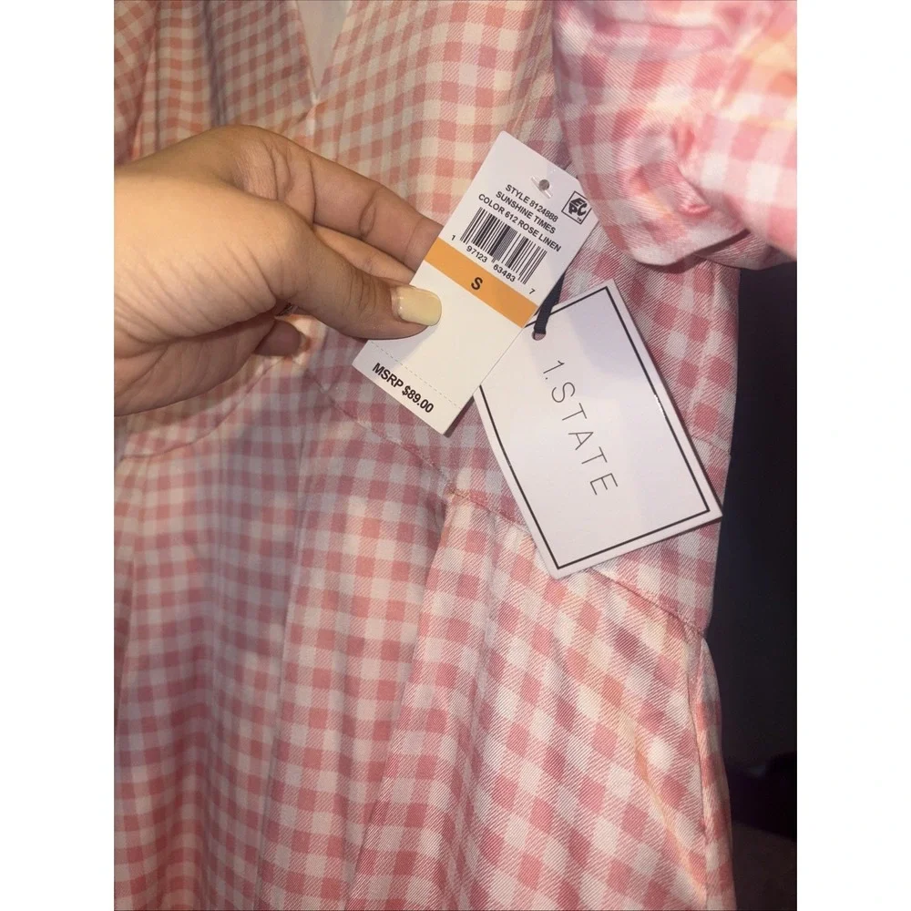 1. State Dress Small Puff Sleeve V Neck Mini Dress Pink Gingham Baby Doll Dress - Picture 5 of 7